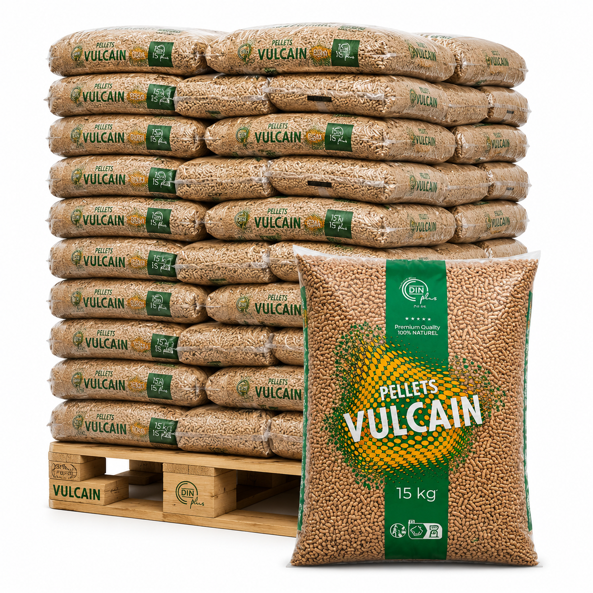 VULCAIN Pellets — Palette de 70 sacs de 15 kg—Granulés de Bois VULCAIN DINplus –Disponible immédiatement