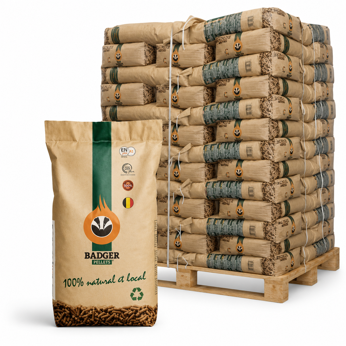 BADGER Pellets — Palette de 65 sacs de 15 kg — Granulés belges DINplus & ENplus A1— Disponible immédiatement
