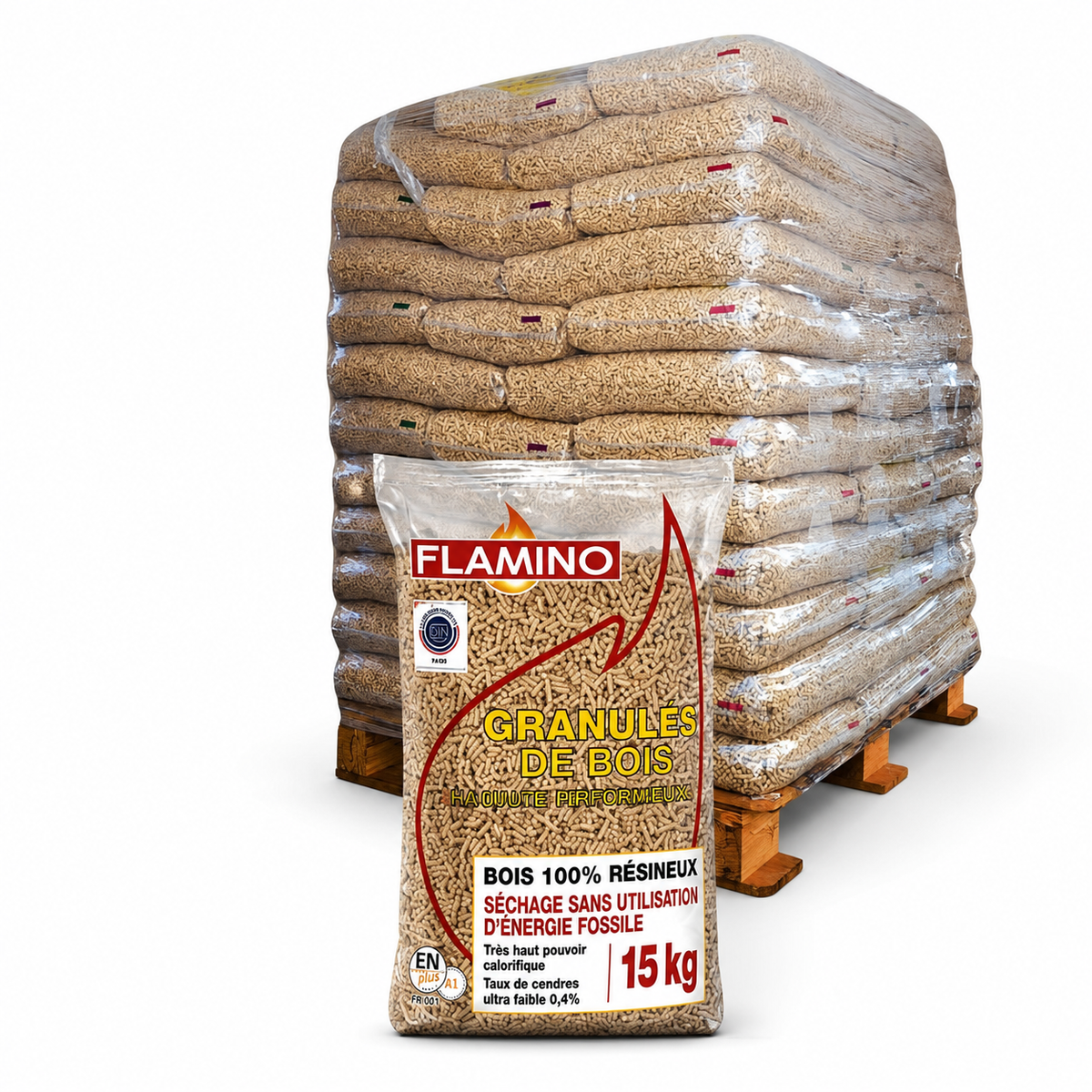 FLAMINO Pellets Premium — Palette de 70 sacs de 15 kg — DINplus & Bois de France— Disponible immédiatement