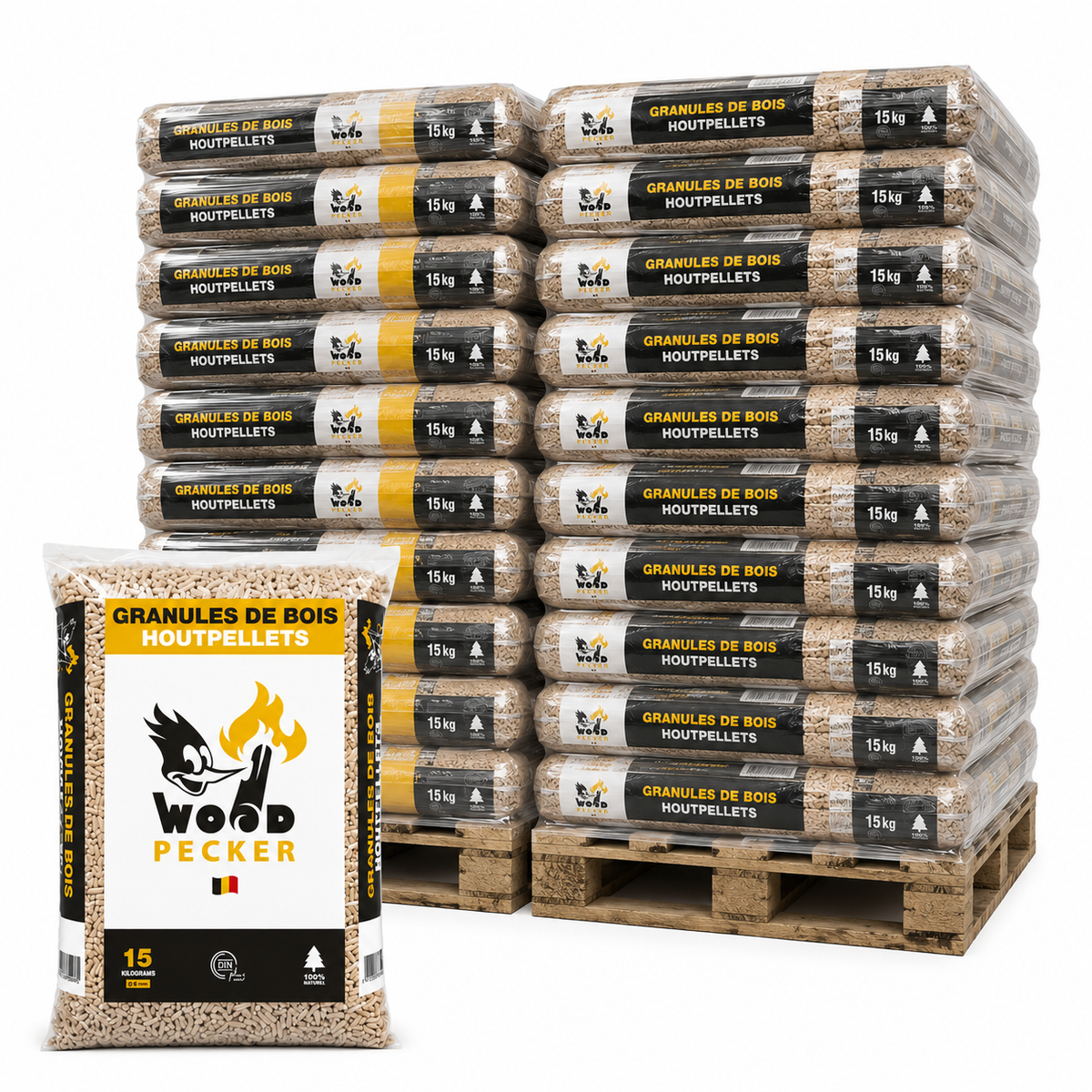 WOODPECKER Pellets Premium — Palette de 70 sacs de 15 kg — Granulés belges DINplus & PEFC— Disponible immédiatement